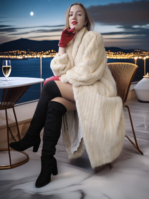 Woman in a fur coat and high boots sitting at a table with a night cityscape in the background.