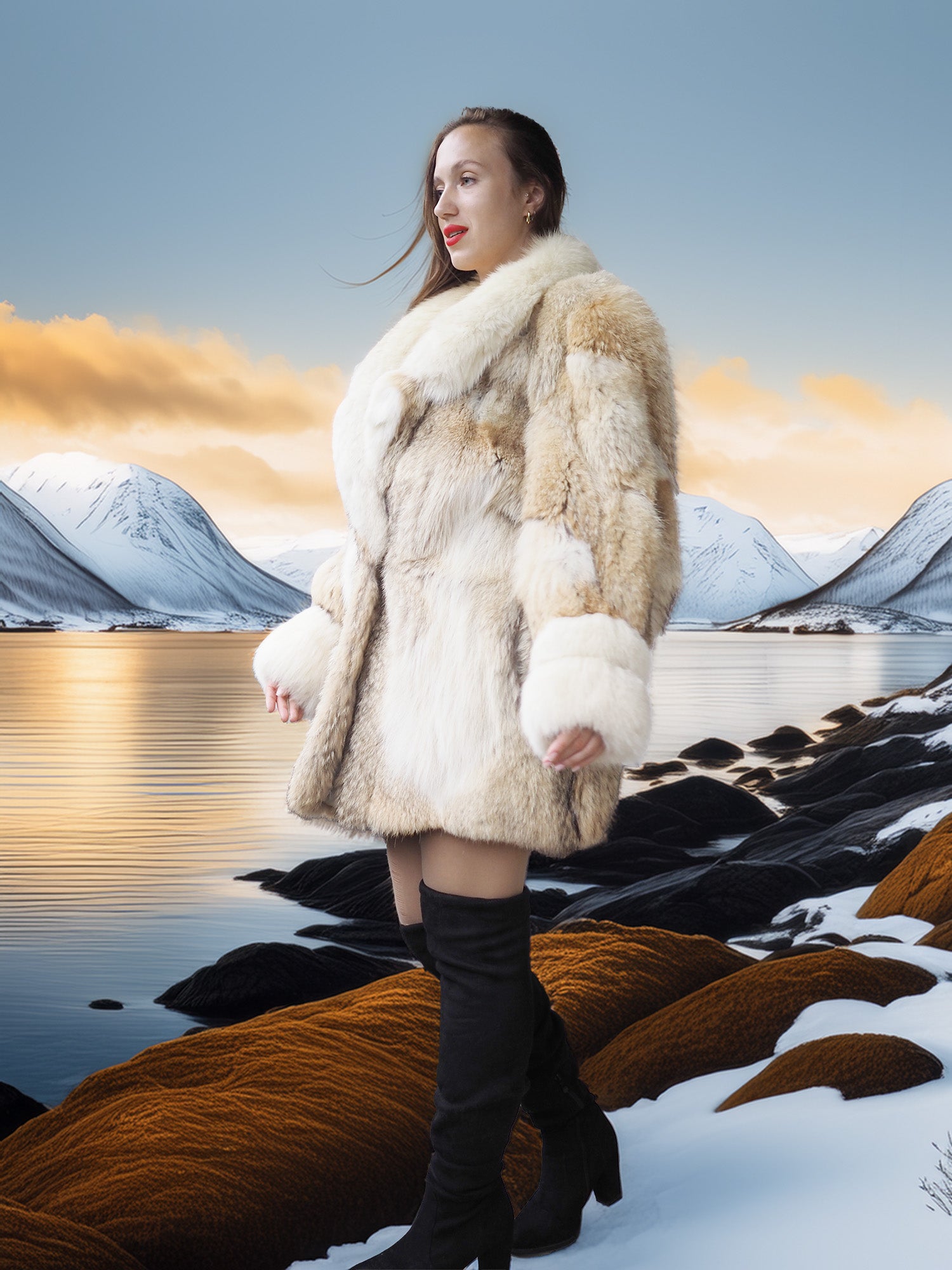 Woman in a fur coat standing in a snowy landscape with mountains and water.