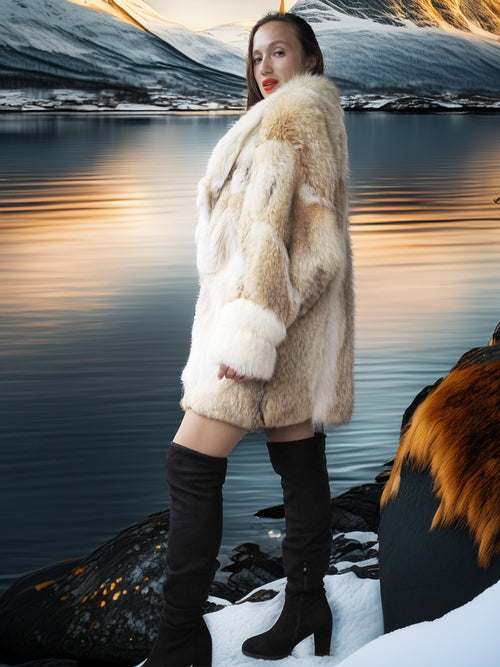 Woman in a fur coat standing by a lake with mountains in the background