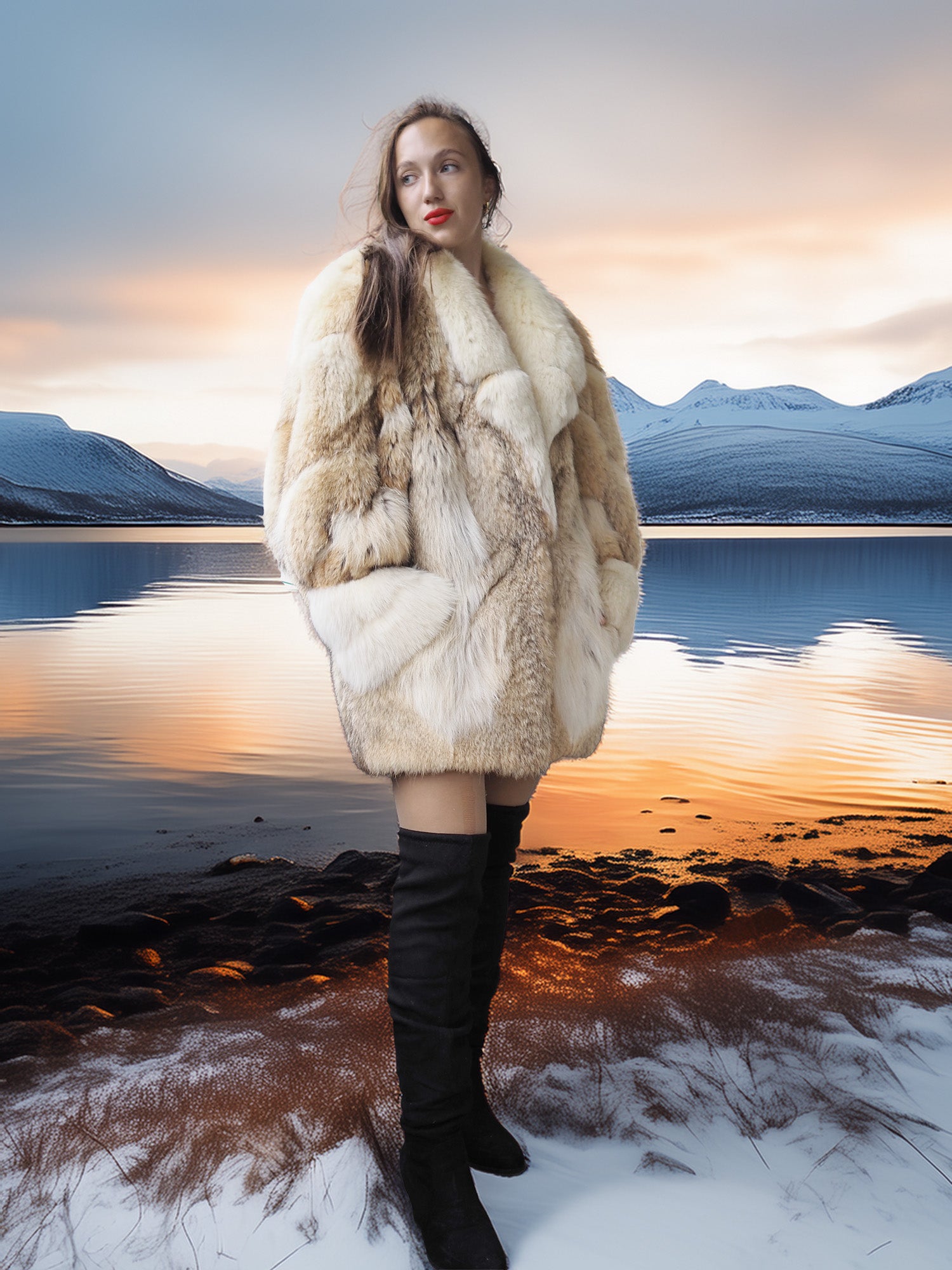 Woman in a fur coat standing by a lake with mountains at sunset