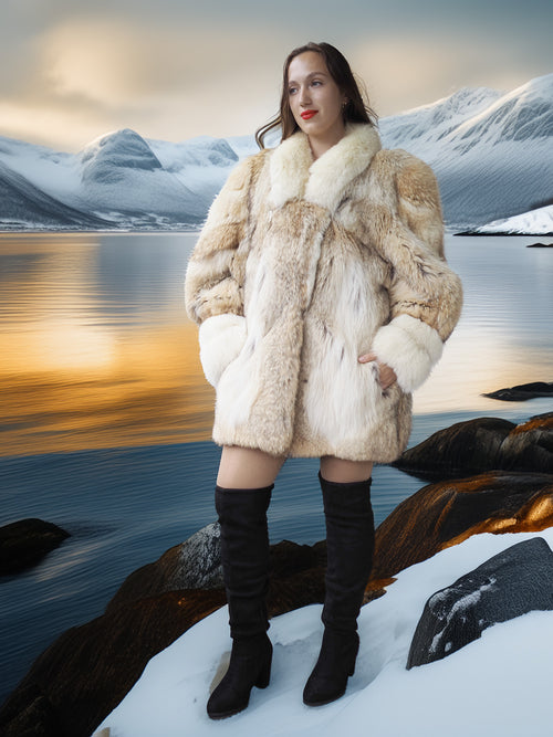 Woman in a fur coat standing in a snowy landscape with mountains and water.