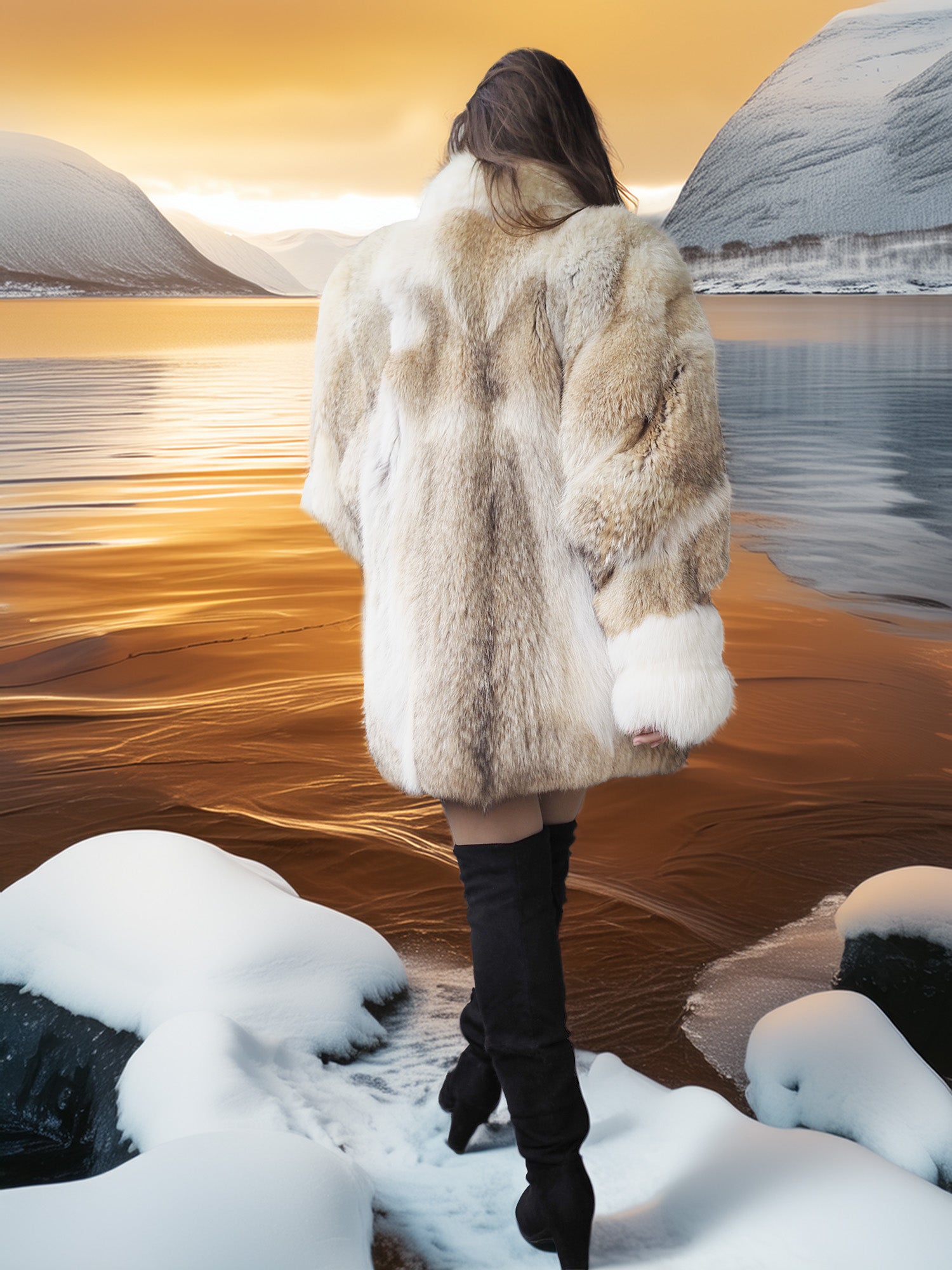 Person wearing a fur coat standing on snow-covered ground with a scenic background