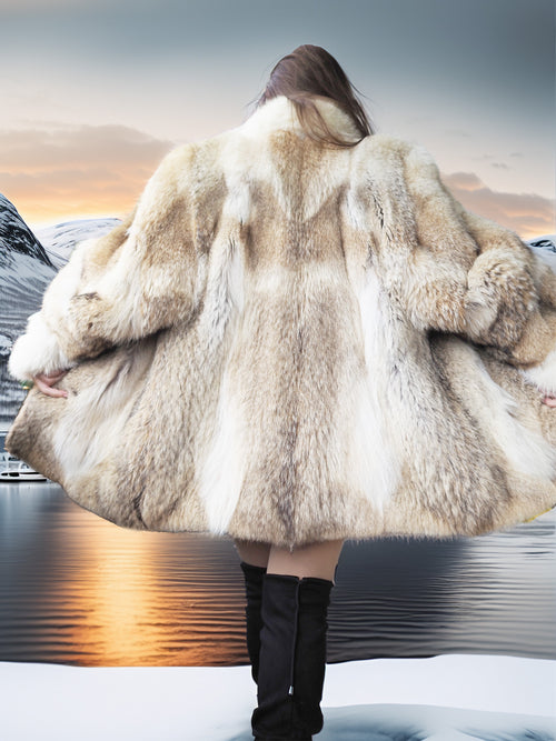 Person wearing a fur coat with a mountainous landscape in the background