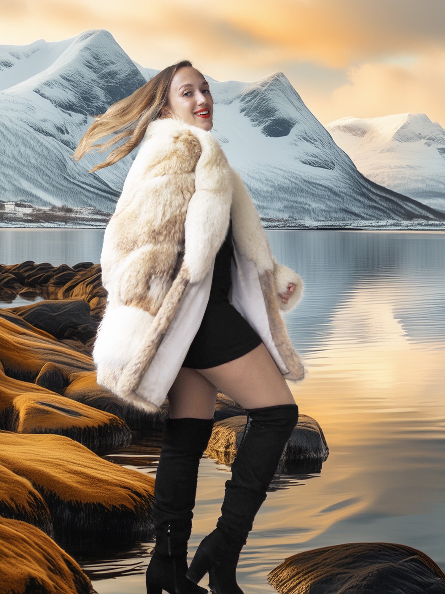 Woman in a fur coat standing in front of a mountainous landscape with water.