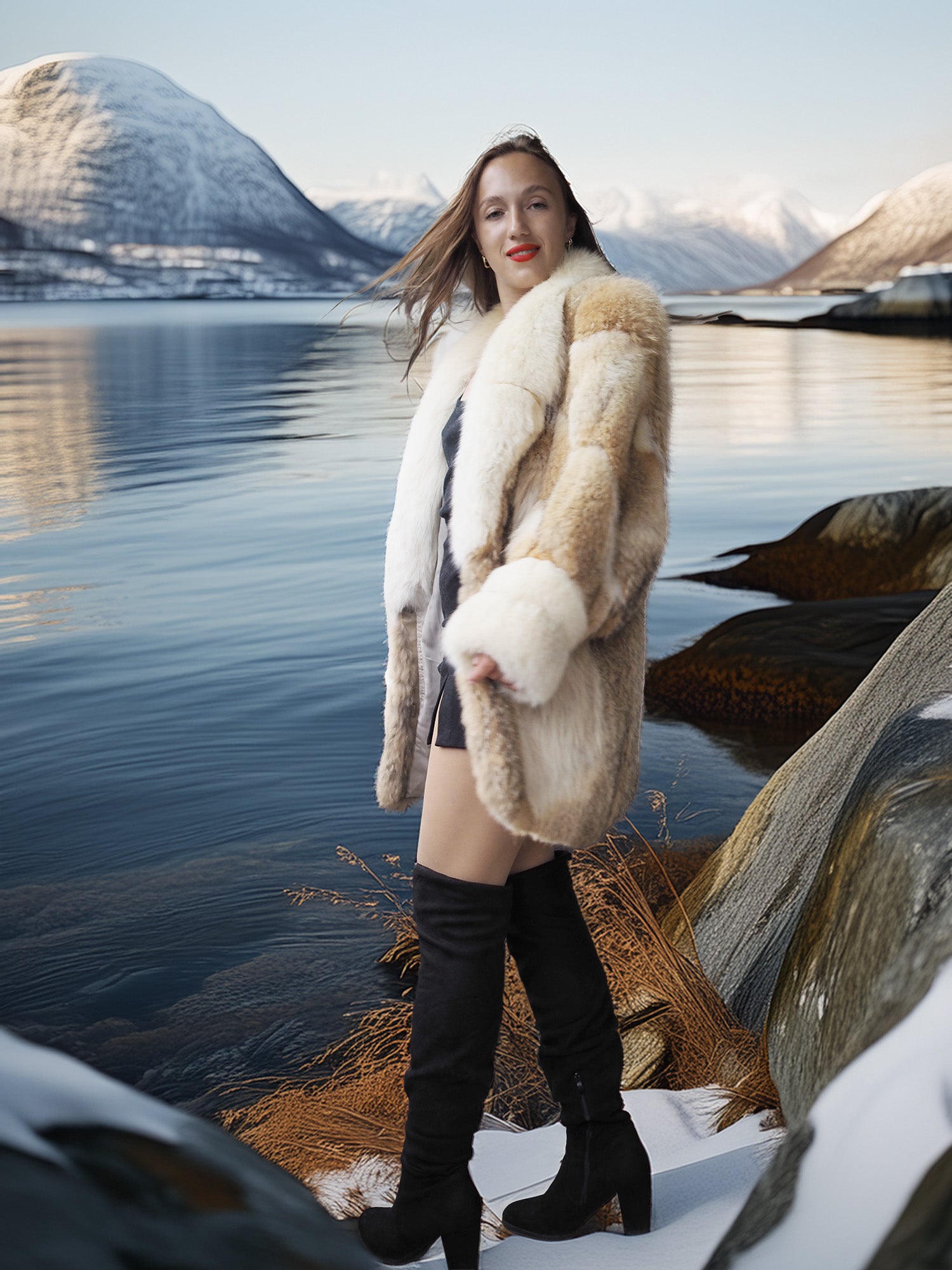 Woman in a fur coat standing by a lake with mountains in the background