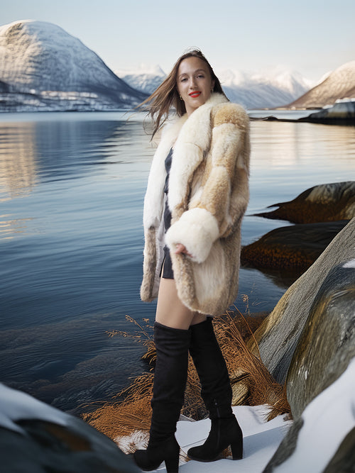 Woman in a fur coat standing by a lake with mountains in the background