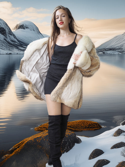 Woman in a fur coat standing by a lake with mountains in the background