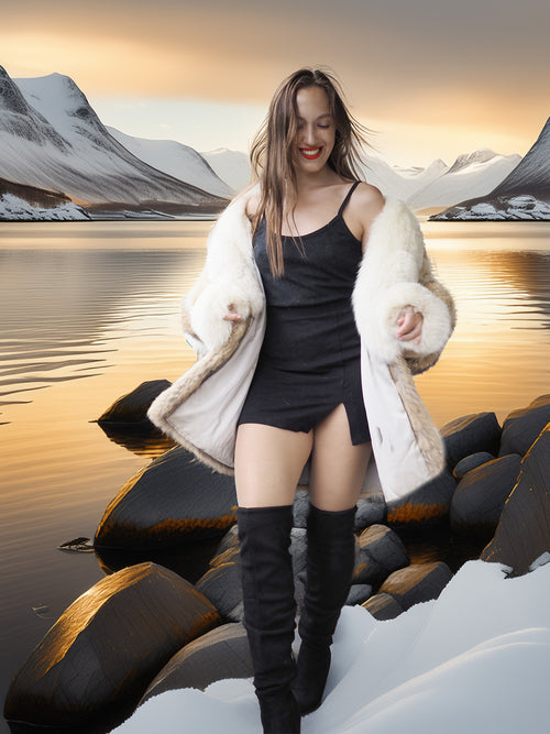 Woman in a fur coat and knee-high boots standing on rocks by a lake with mountains in the background