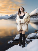 Woman in a fur coat standing by a snowy landscape with mountains and water.