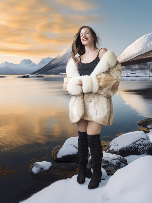 Woman in a fur coat standing by a snowy landscape with mountains and water.