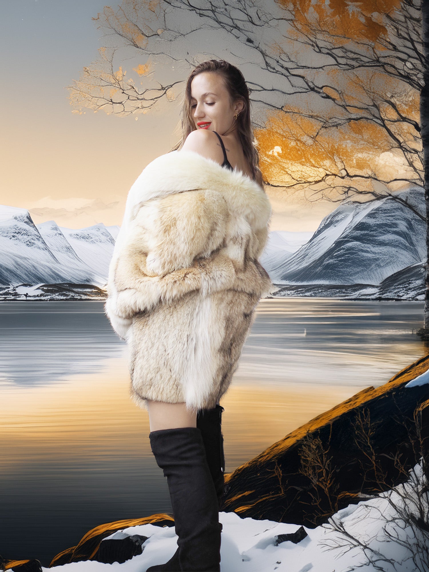 Woman in a fur coat standing in front of a stylized landscape with mountains and trees.