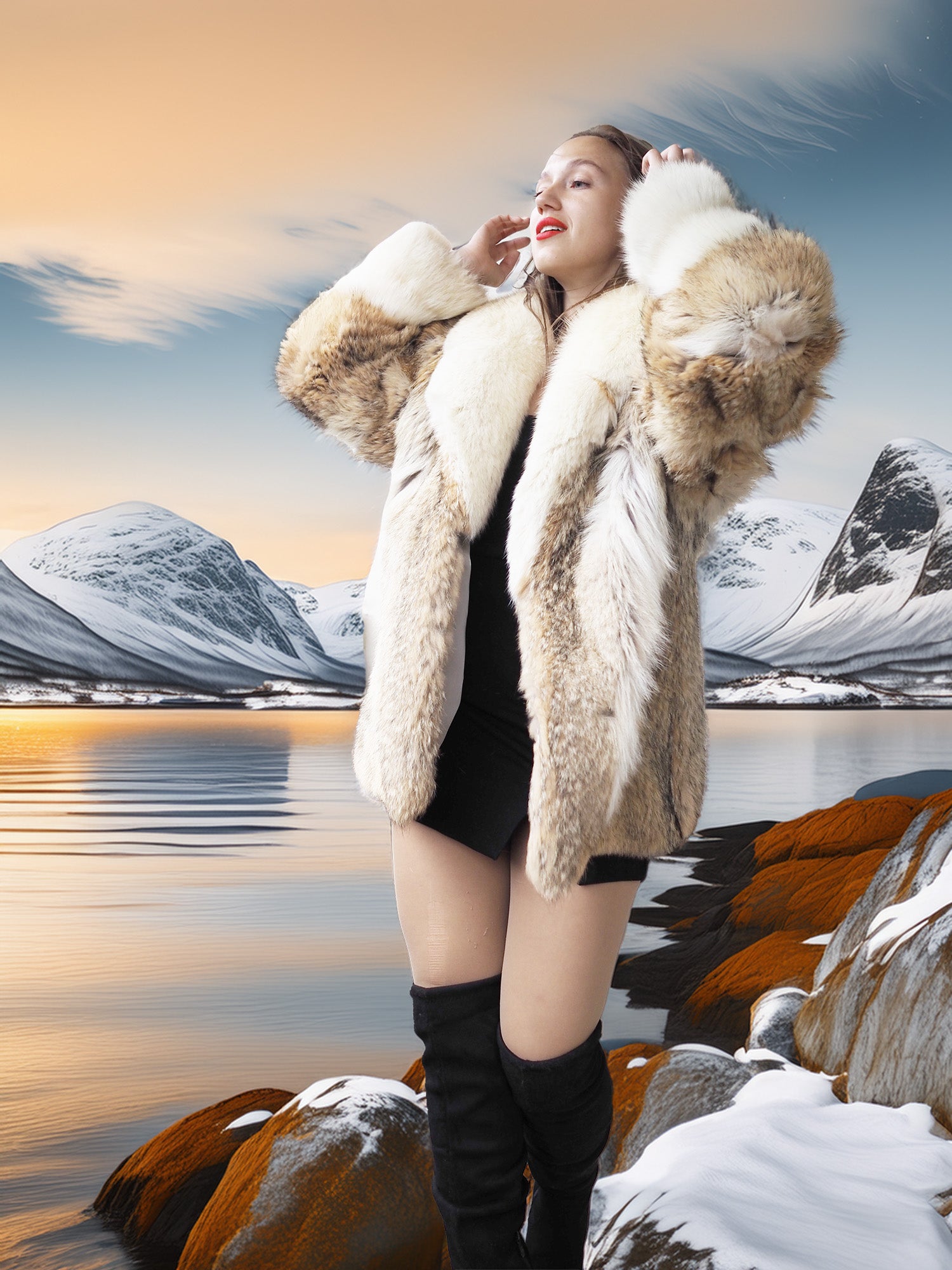 Person wearing a fur coat in a snowy landscape with mountains and water.