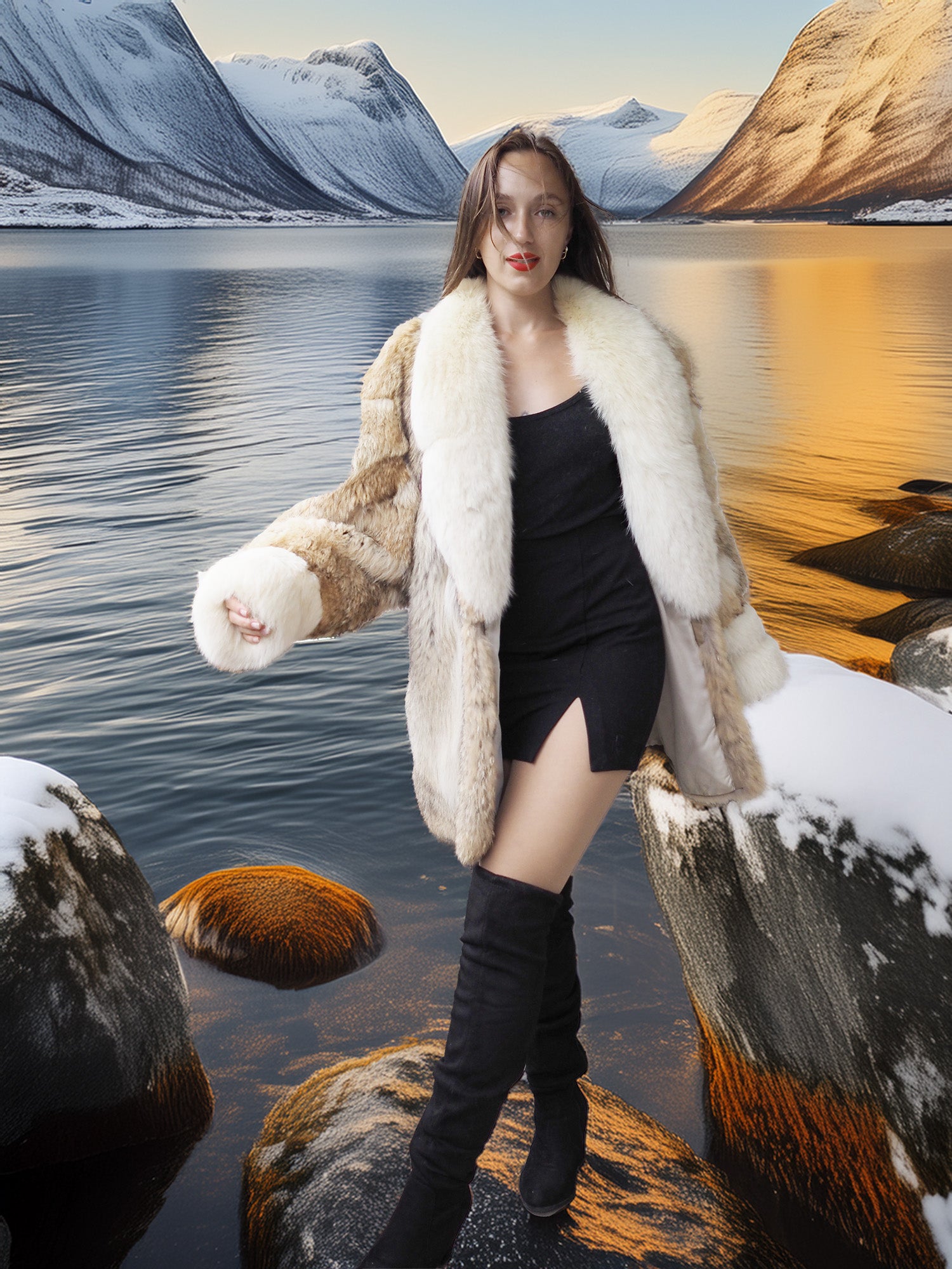 Woman in a fur coat standing by a lake with mountains in the background