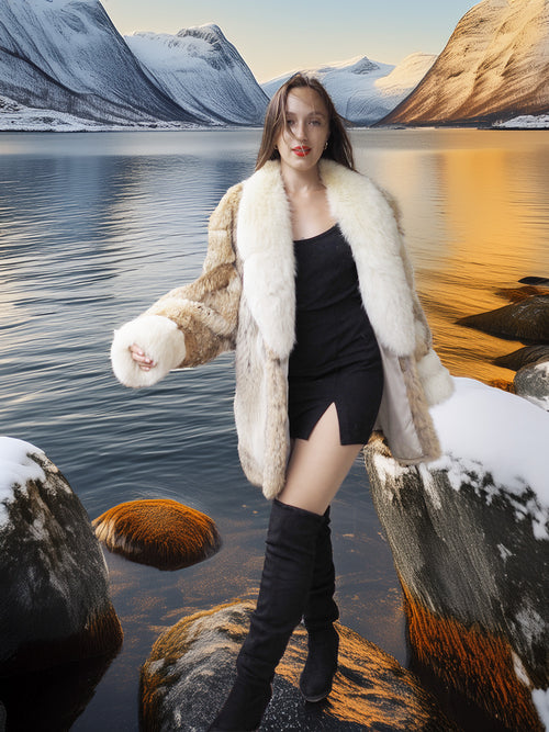 Woman in a fur coat standing by a lake with mountains in the background