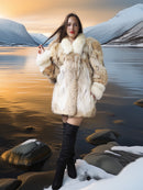 Woman in a fur coat standing by a snowy landscape with mountains and water.