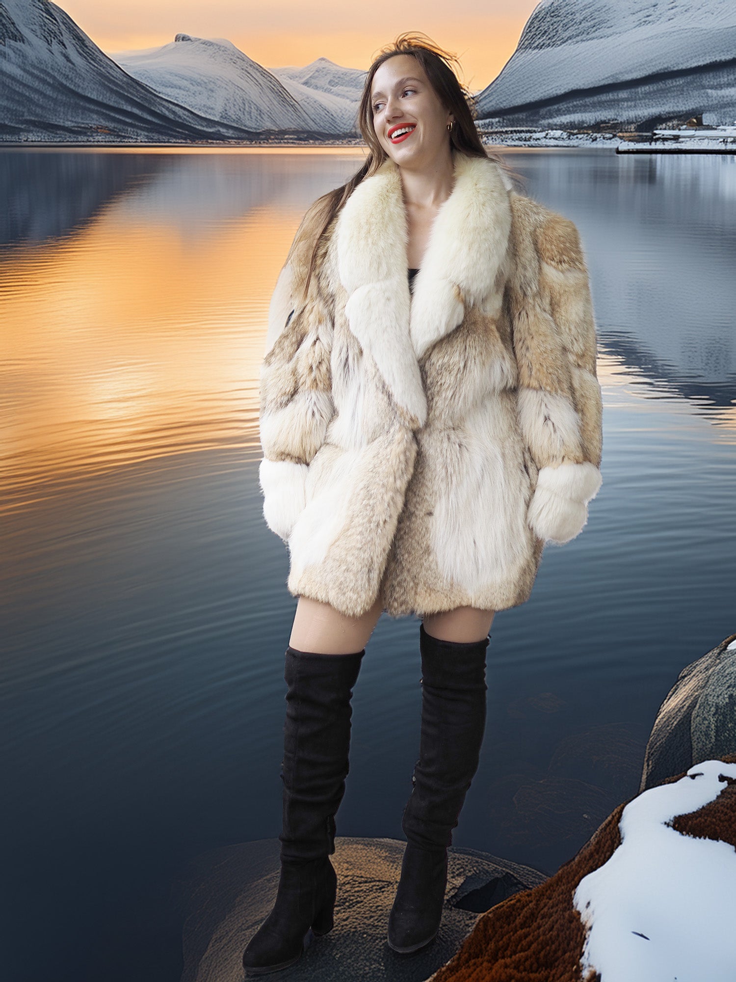 Woman in a fur coat standing by a lake with mountains in the background