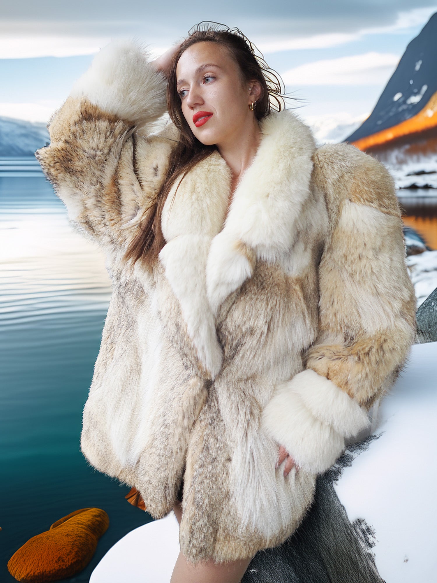 Woman wearing a fur coat with a scenic background of water and mountains.