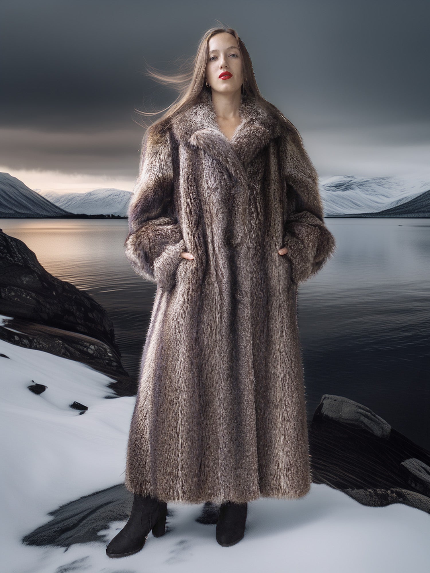 Woman in a fur coat standing in a snowy landscape with mountains and water.