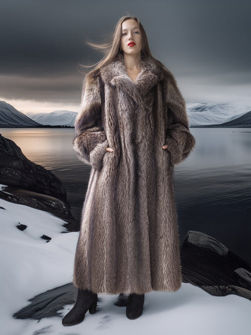 Woman in a fur coat standing in a snowy landscape with mountains and water.