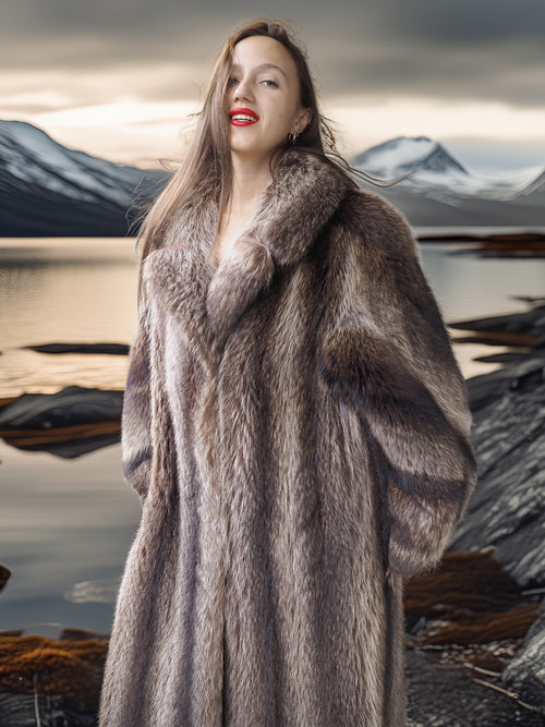 Woman wearing a fur coat with a mountainous landscape in the background