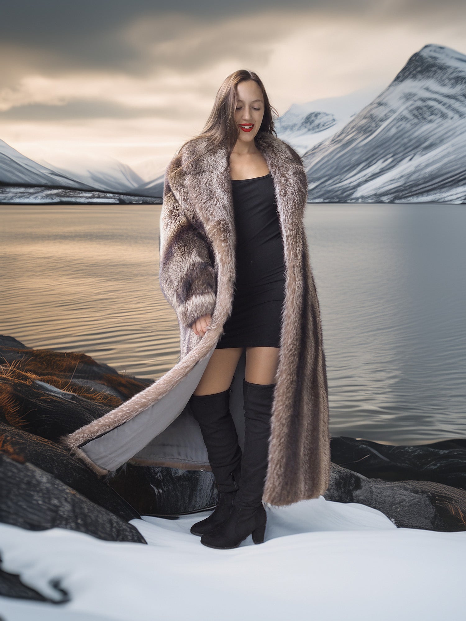 Woman in a fur coat standing in a snowy landscape with mountains in the background