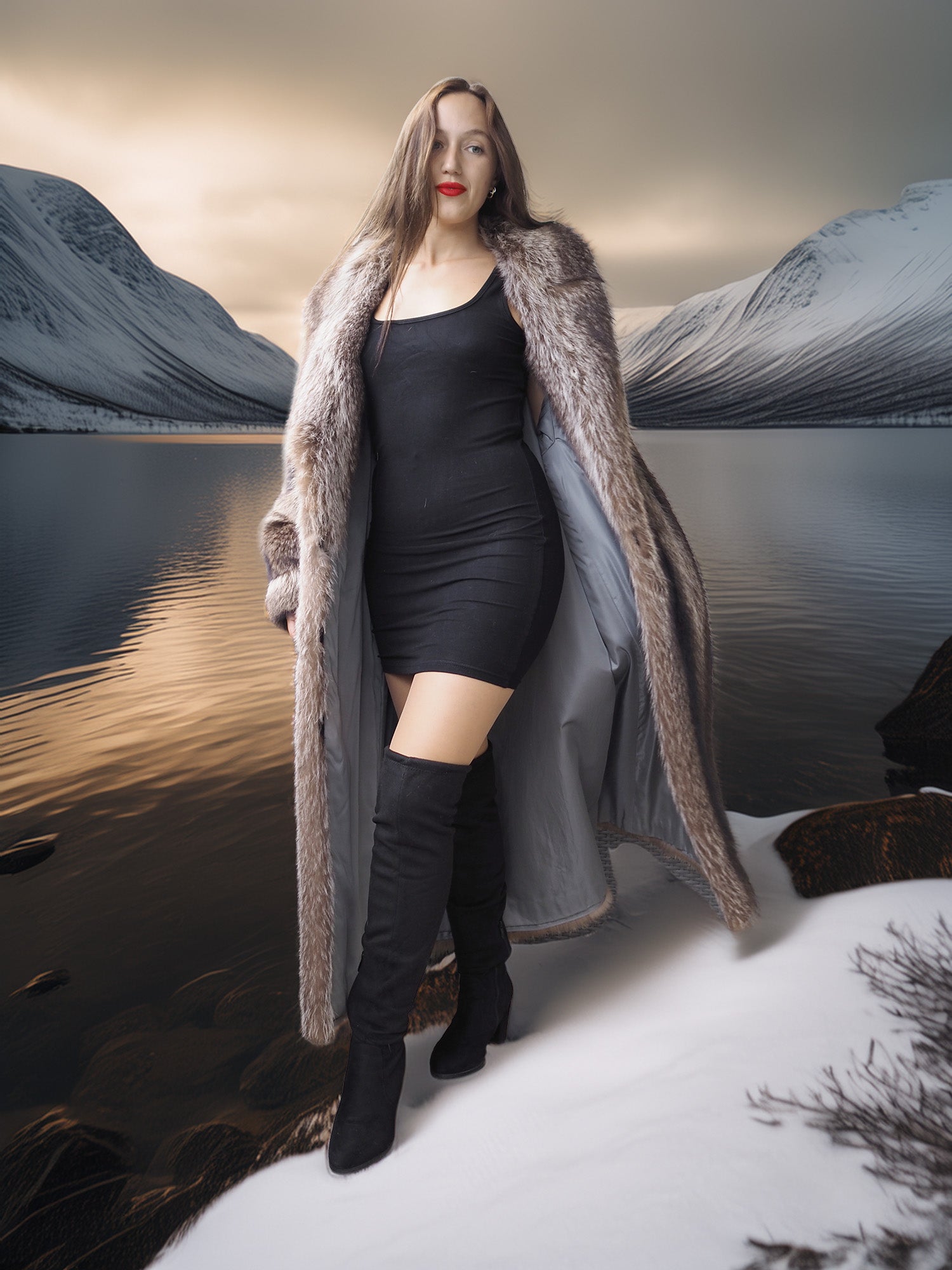 Woman in a long fur coat standing in a snowy landscape with mountains and water.