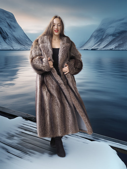 Woman in a fur coat standing by a lake with mountains in the background