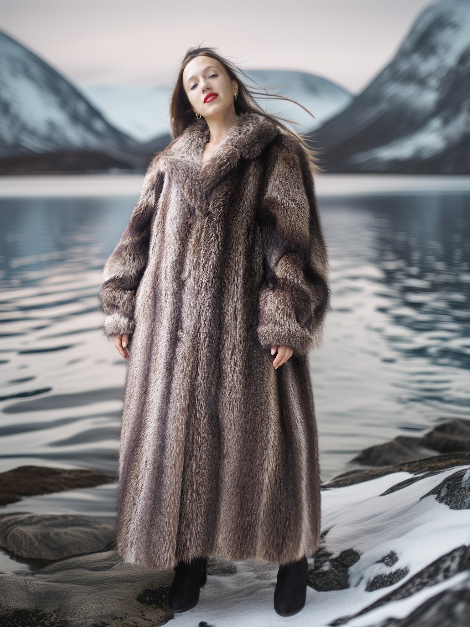 Person wearing a fur coat standing in front of a lake with mountains in the background