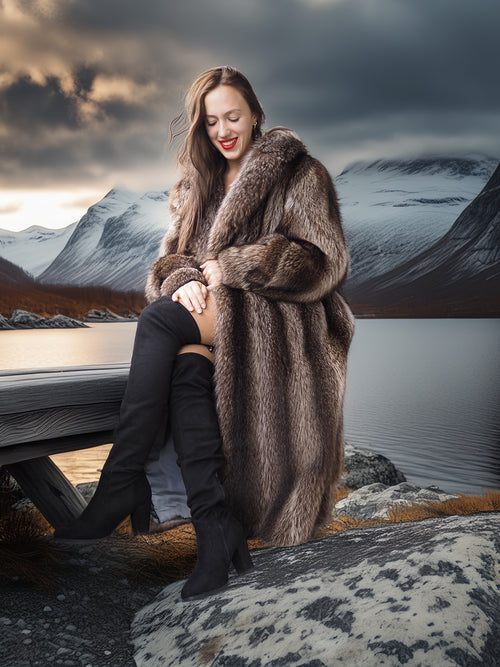 Woman in a fur coat sitting by a mountain lake with a cloudy sky.