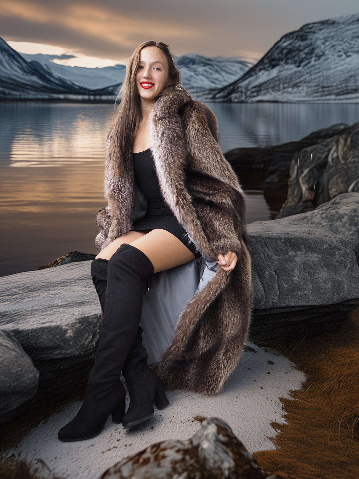 Woman in a fur coat and knee-high boots sitting by a lake with mountains in the background