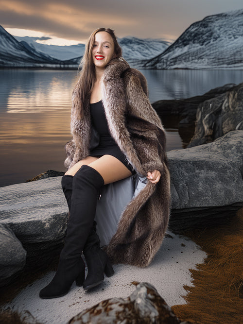 Woman in a fur coat and knee-high boots sitting by a lake with mountains in the background