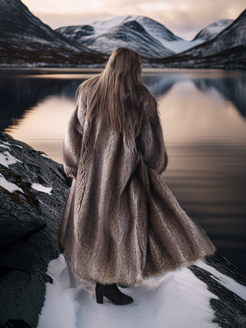 Person in a fur coat standing by a lake with mountains in the background