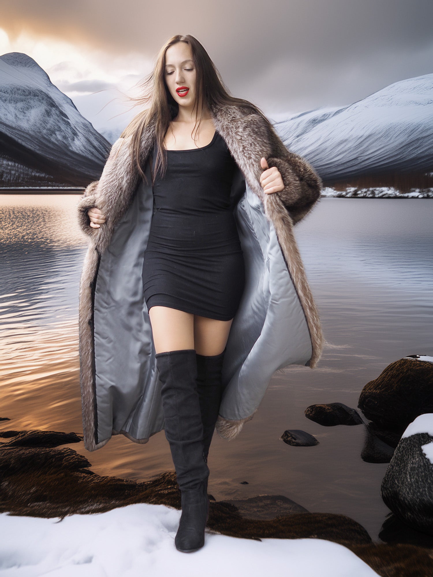 Woman in a long coat and knee-high boots standing in a snowy landscape with mountains and water.