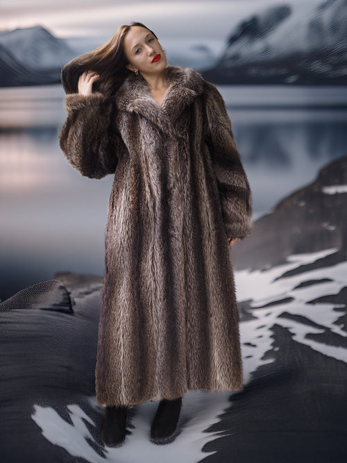 Woman in a fur coat standing in a snowy landscape with mountains and water.