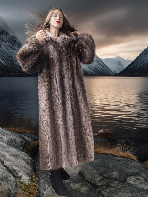 Woman in a fur coat standing on a rocky landscape with mountains and water in the background