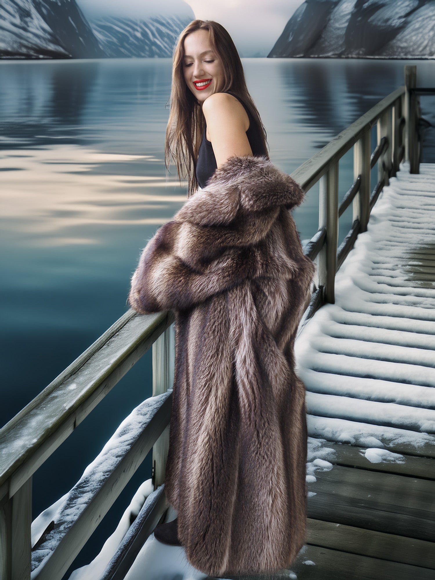 Woman in a fur coat standing on a snowy dock by a lake with mountains in the background