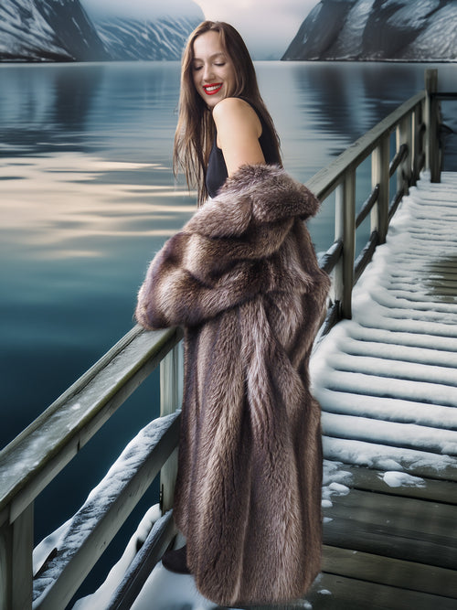 Woman in a fur coat standing on a snowy dock by a lake with mountains in the background