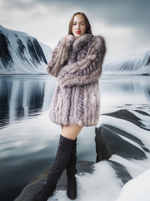 Woman in a fur coat standing in front of a snowy landscape with mountains and water.
