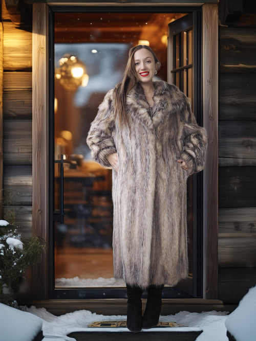 Woman in a fur coat standing in front of a wooden cabin door with snow on the ground.