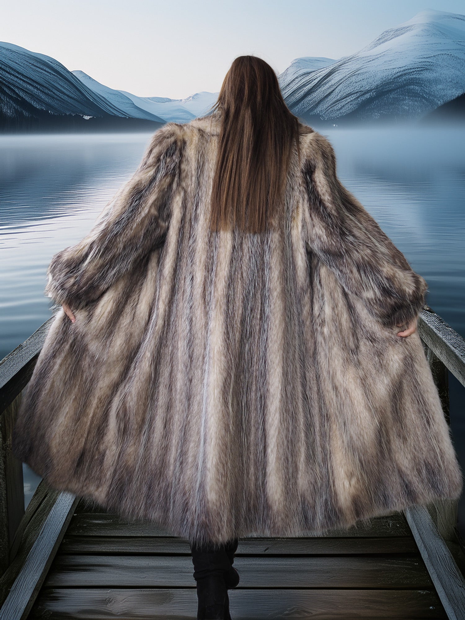 Person wearing a fur coat standing on a dock with mountains and water in the background