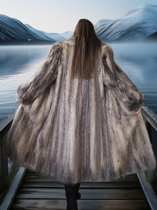 Person wearing a fur coat standing on a dock with mountains and water in the background