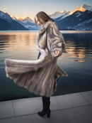 Person wearing a fur coat with a scenic mountain and lake background