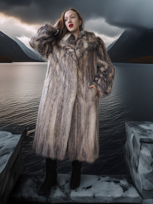 Woman wearing a fur coat in a surreal landscape with mountains and a dark sky.