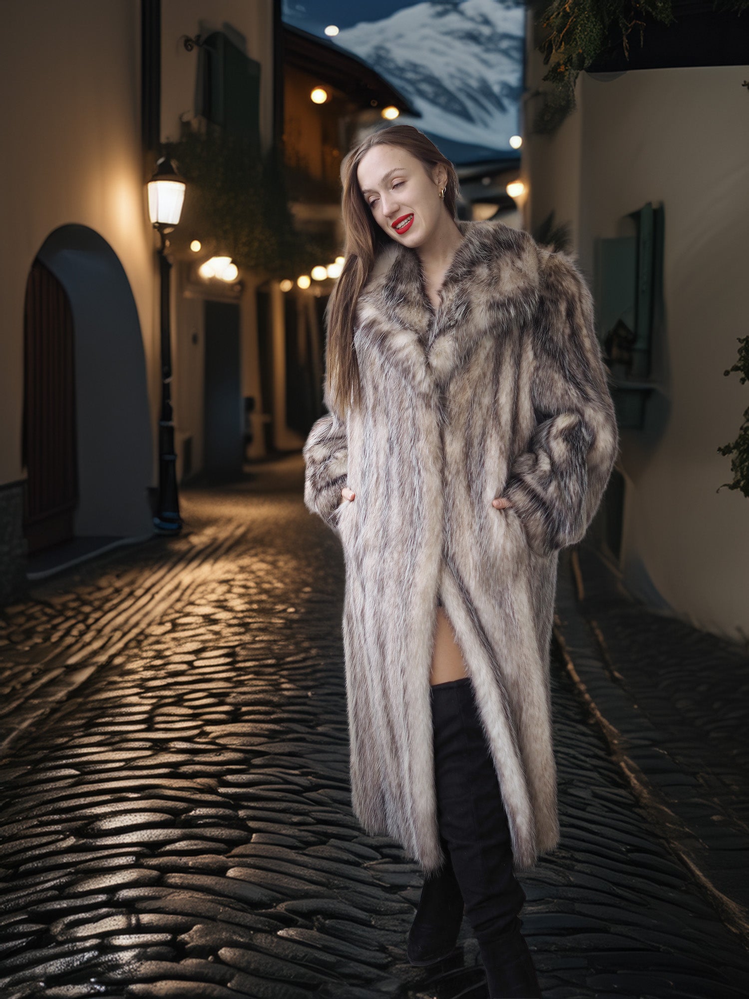 Woman wearing a fur coat on a cobblestone street at night.