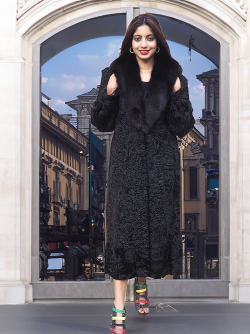 Black Lamb Swakara Broadtail Coat With Black Fox Excellent S/M