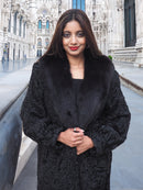 Black Lamb Swakara Broadtail Coat With Black Fox Excellent S/M