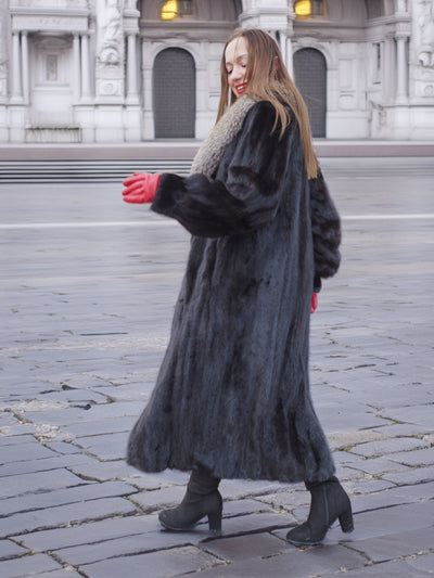 Black Dark Ranch Mink Coat With Silver fox Shawl Collar M/L