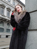 Black Dark Ranch Mink Coat With Silver fox Shawl Collar M/L