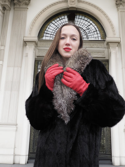 Black Dark Ranch Mink Coat With Silver fox Shawl Collar M/L