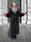 Black Dark Ranch Mink Coat With Silver fox Shawl Collar M/L